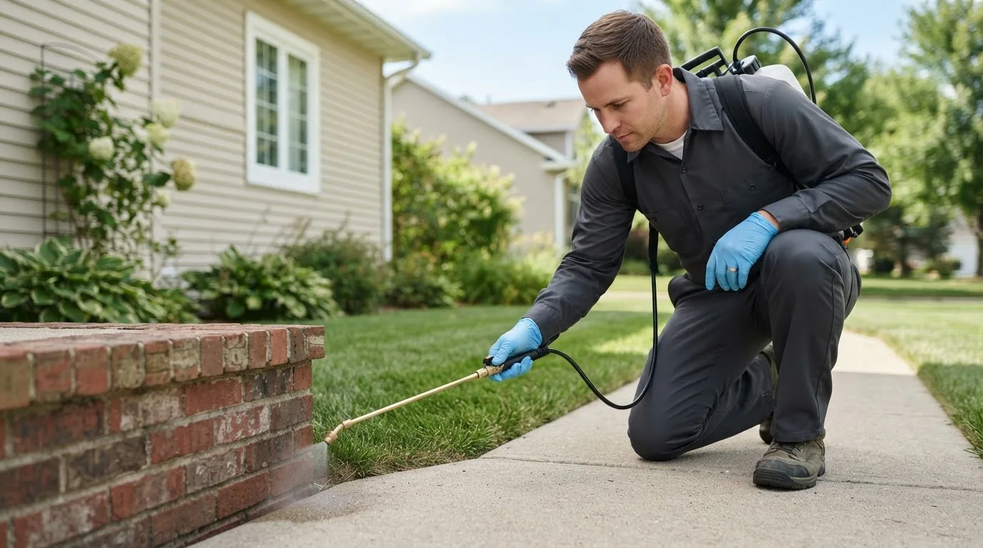 Pest control technician treating a home near Byron Center, MI